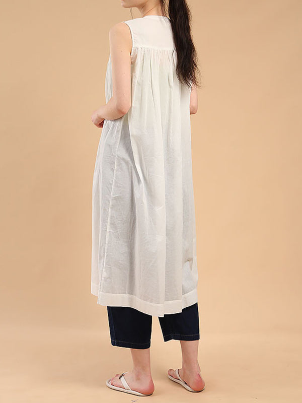 Pleated See-Through Loose Sleeveless Round-Neck Midi Dresses