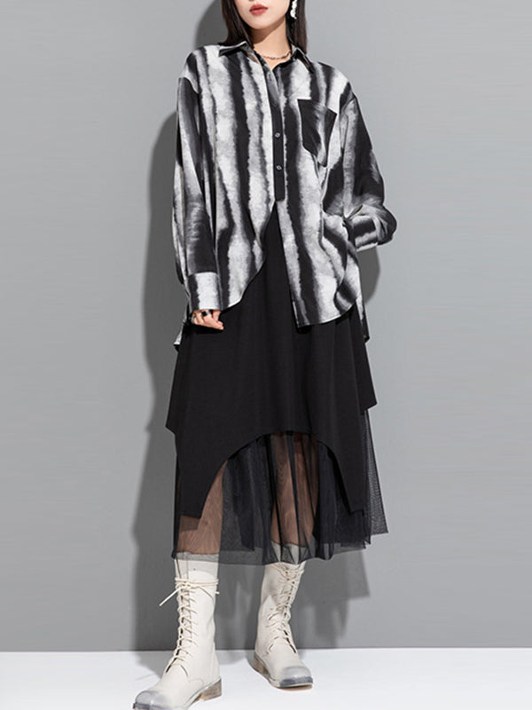 Split-back Tie-dyed Irregular clipping Long Sleeves Lapel Shirts Tops