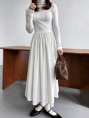 Pleated Solid Color Split-Joint A-Line Long Sleeves Midi Dresses
