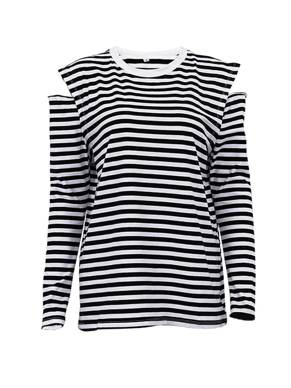 Contrast Color Hollow Striped Long Sleeves Loose Cold Shoulder T-Shirts