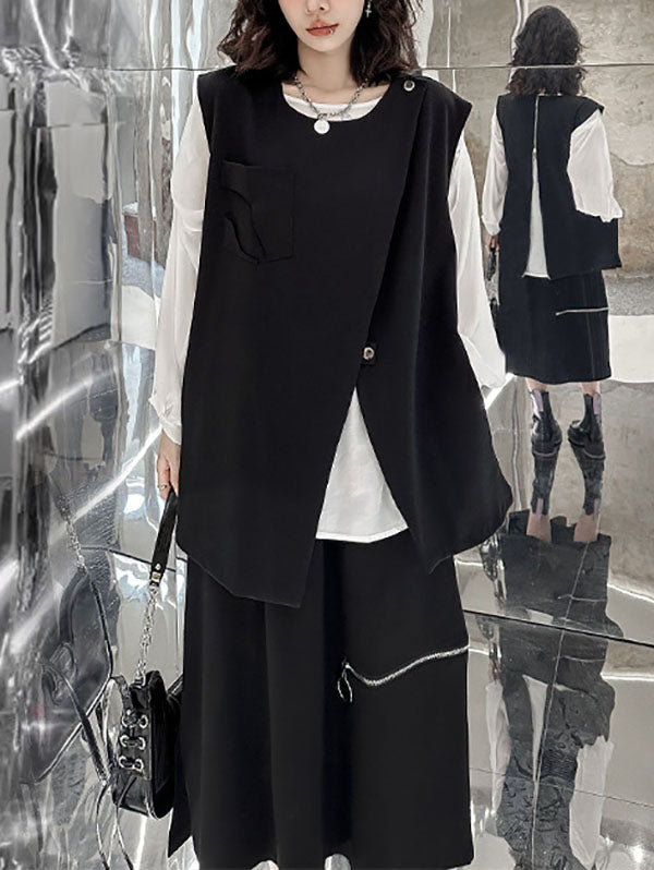 Asymmetric Zipper Loose Sleeveless Round-Neck Vest Top