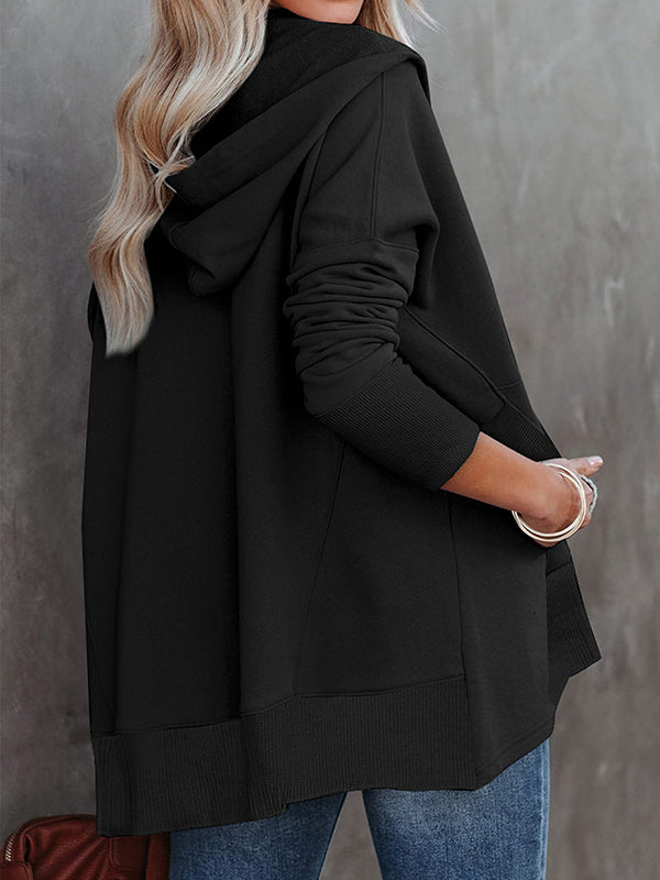 Buttoned Hooded Split-Joint Batwing Sleeves Long Sleeves V-Neck Hoodies Tops