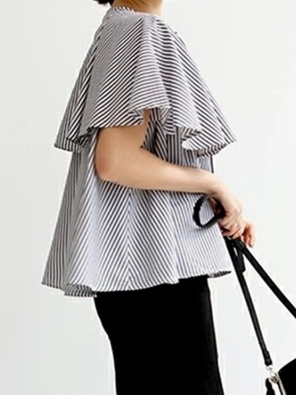 Falbala Loose Short Sleeves Round-neck Blouses&shirts Tops