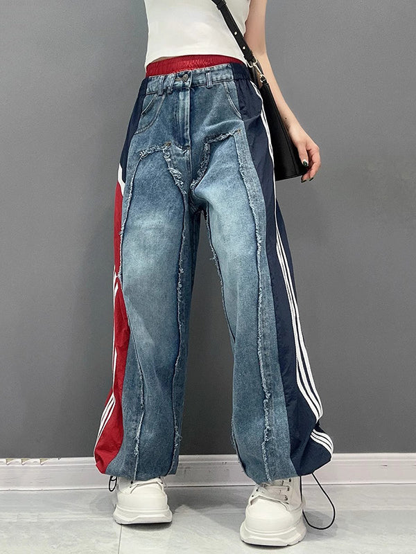 Contrast Color Drawstring Elasticity Fringed Split-Joint Loose Wide Leg Jean Pants Bottoms