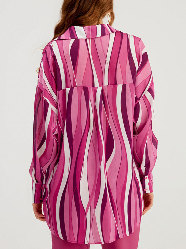 Contrast Color Striped Long Sleeves Loose Lapel Blouses