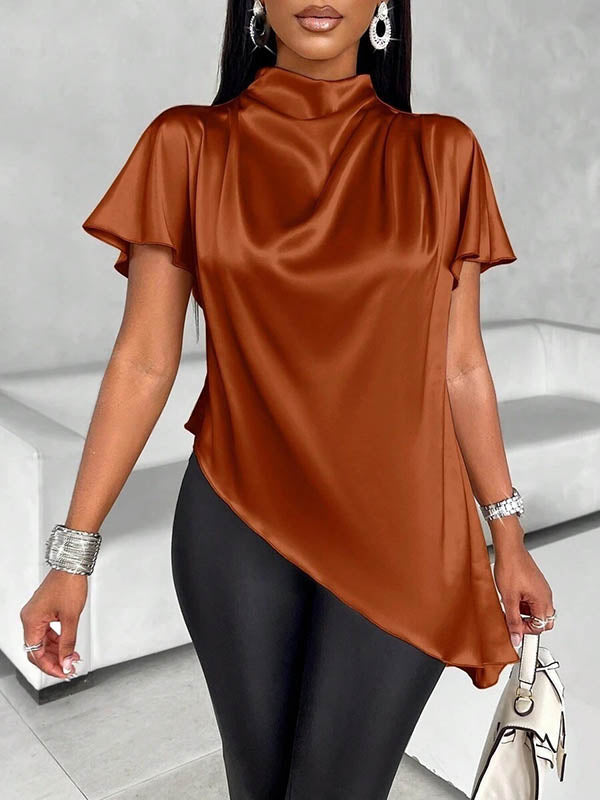 Asymmetric Solid Color Loose Short Sleeves Mock Neck Blouses&Shirts Tops