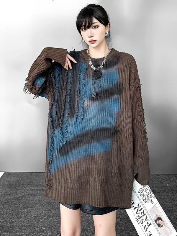 Abstract Printed Asymmetric Contrast Color Split-Joint Tasseled Irregularity Long Sleeves Round-Neck Sweater Tops