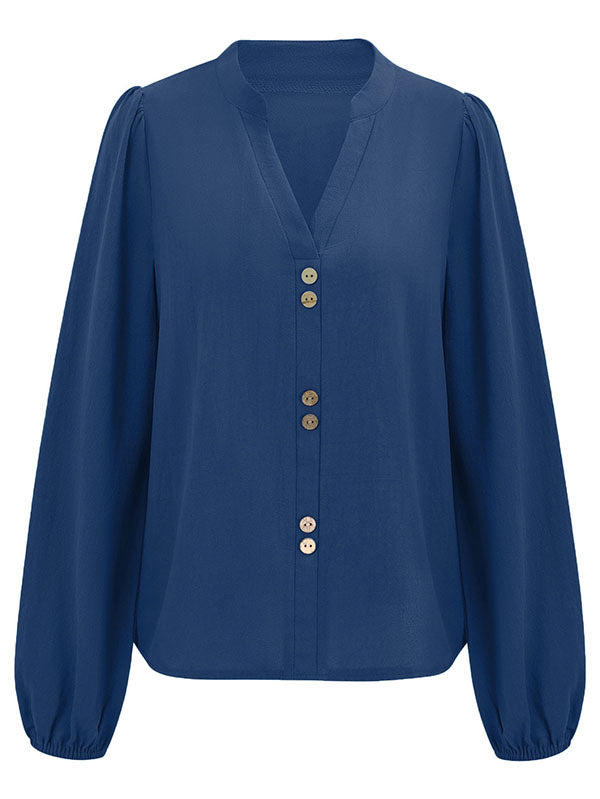 Buttoned Elasticity Long Sleeves Loose V-neck Blouses&shirts Tops