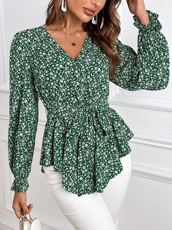 Flower Print Tied Waist Flared Sleeves Long Sleeves V-Neck Blouses&Shirts Tops