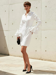 Flared Sleeves Long Sleeves Buttoned Solid Color Lapel Mini Dresses