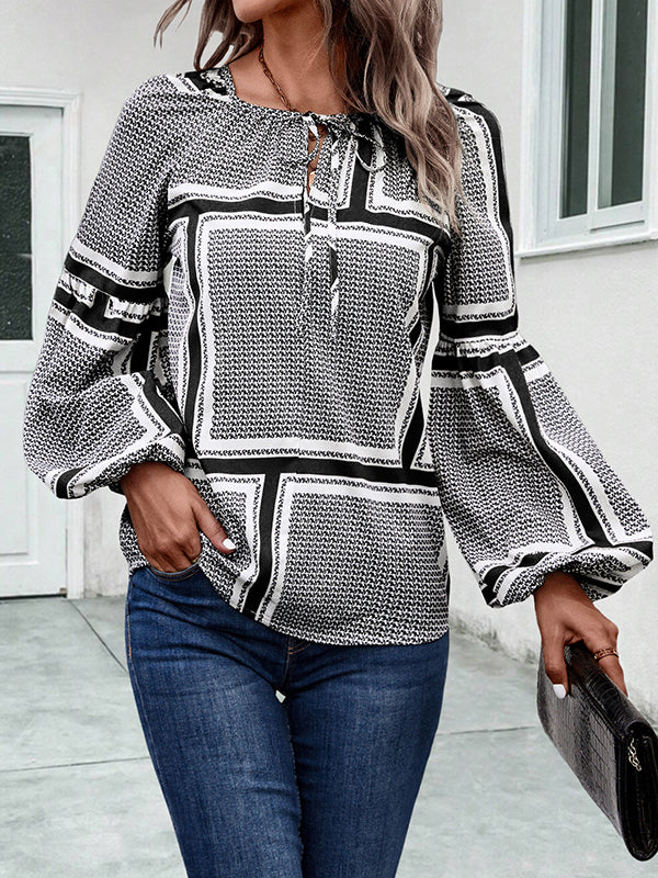 Elasticity Print Tied Long Sleeves Loose V-Neck Blouses&Shirts Tops