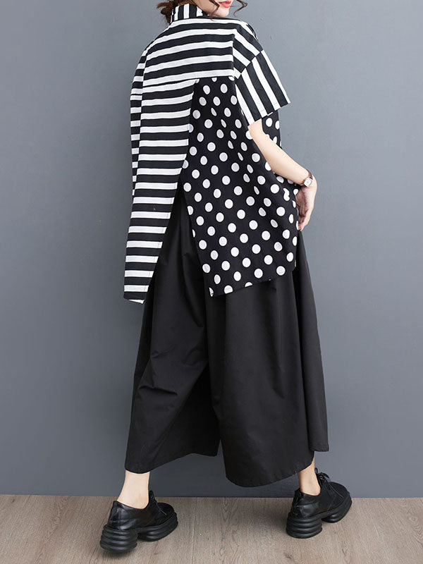 Buttoned Contrast Color Pockets Polka-Dot Split-Back Split-Joint Striped Loose Short Sleeves Lapel Blouses&Shirts Tops
