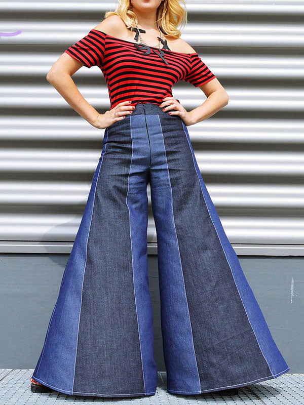 Contrast Color Zipper High Waisted Loose Jean Pants Bottoms Flared Trousers