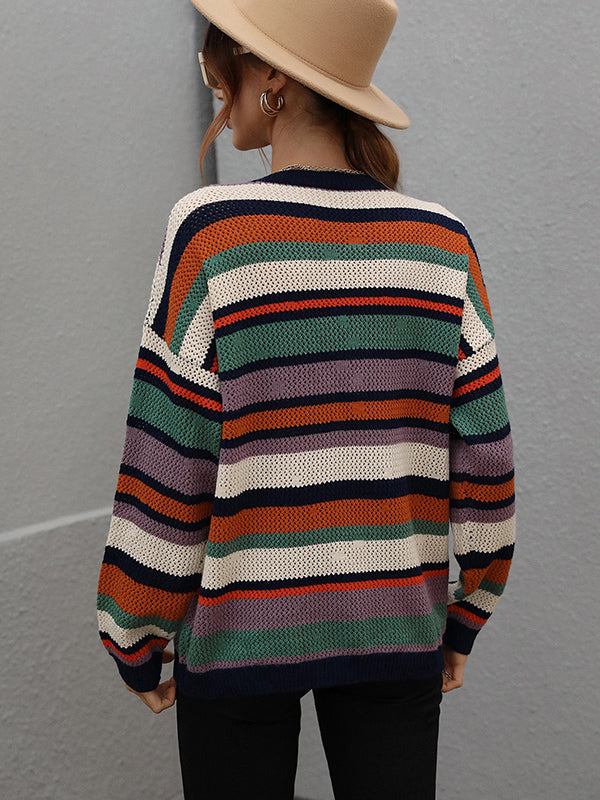 Original Long Sleeves Loose Contrast Color Striped Round-Neck Sweater Tops