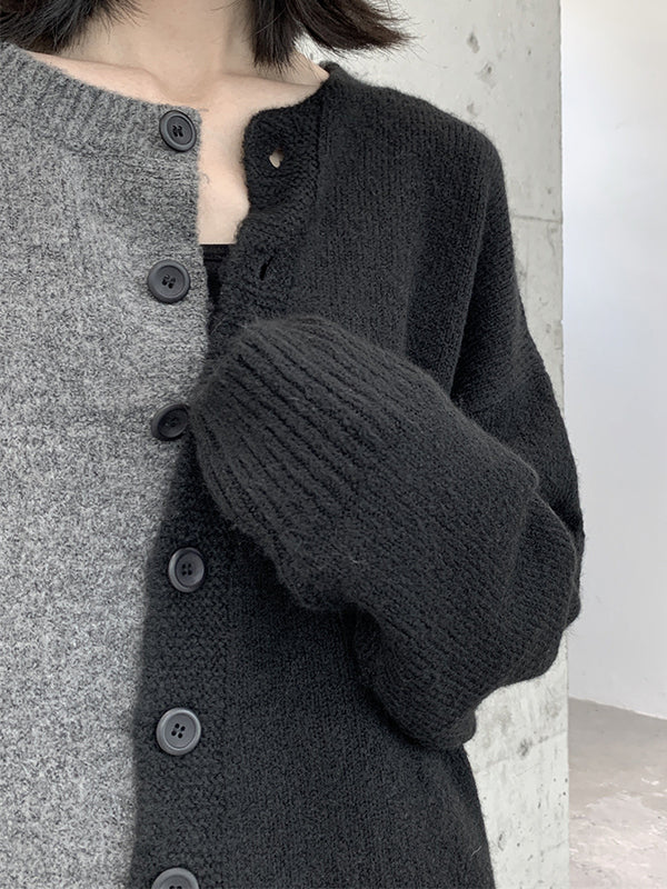 Asymmetric Buttoned Contrast Color Split-Joint Long Sleeves Loose Round-Neck Cardigan Tops