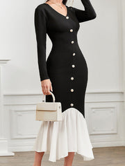 Buttoned Split-Joint Bodycon High Waisted V-neck Maxi Dresses