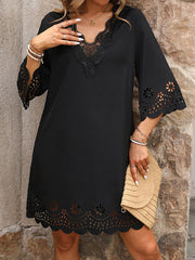 Hollow Solid Color Split-Joint A-Line Half Sleeves V-Neck Mini Dresses