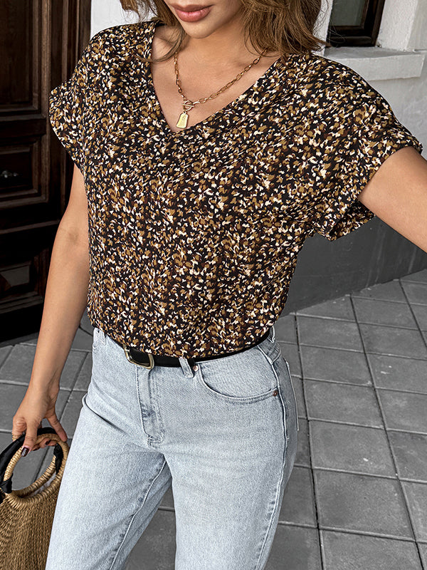 Contrast Color Loose Short Sleeves V-Neck Blouses&Shirts Tops