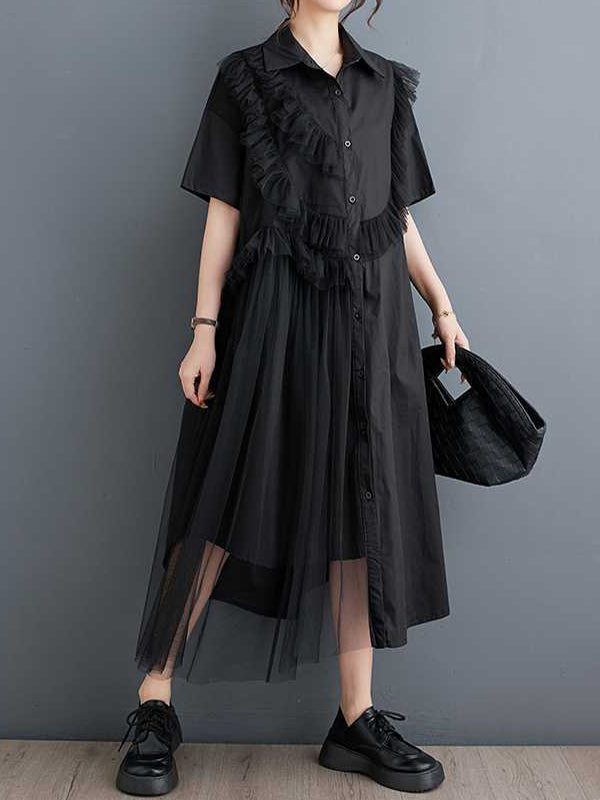 Asymmetric Buttoned Ruffled Solid Color Split-Joint A-Line Half Sleeves Lapel Shirt Dress Midi Dresses