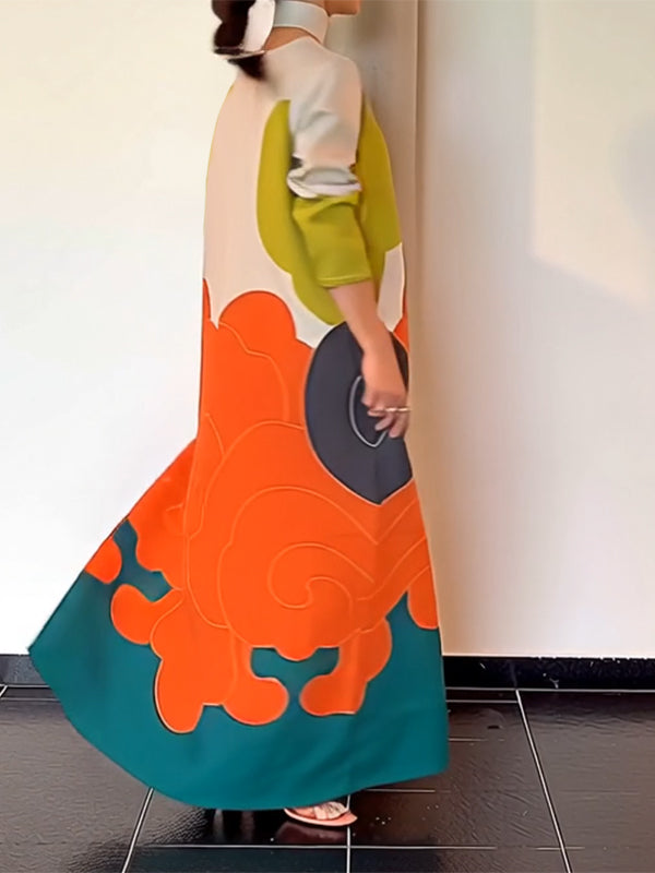 Printed Split-Joint Long Sleeves Loose Round-Neck Maxi Dresses