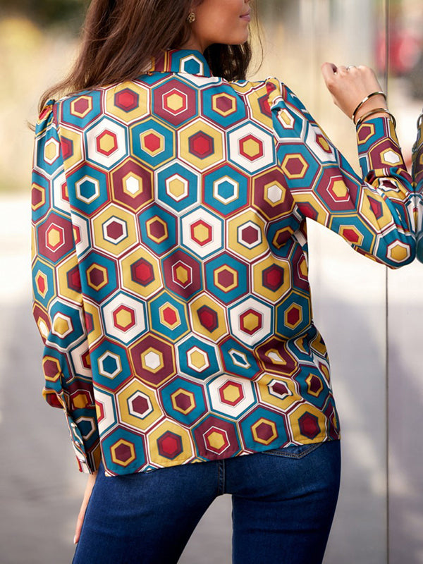Lace-Up Printed Long Sleeves Loose Lapel Blouses&Shirts Tops