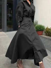 Pleated Solid Color Split-Joint Loose Puff Sleeves Lapel Shirt Dress Maxi Dresses