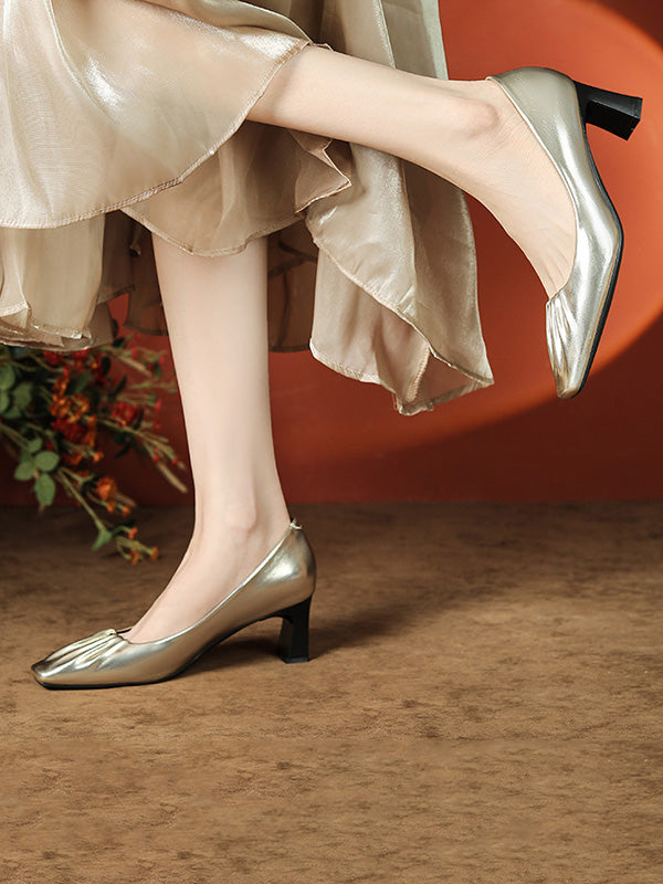 Pleated Shallow Cut Square-Toe Pumps