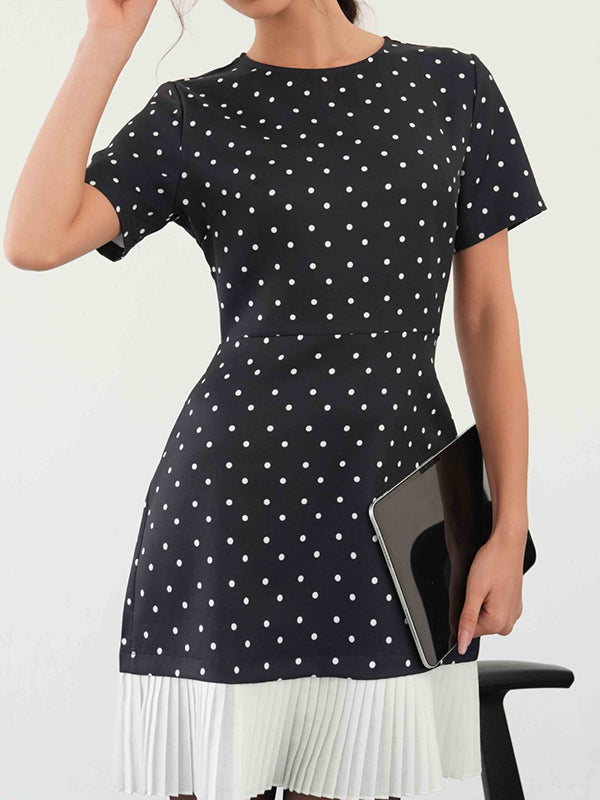 Pleated Polka-Dot Split-Joint A-Line High Waisted Round-Neck Mini Dresses