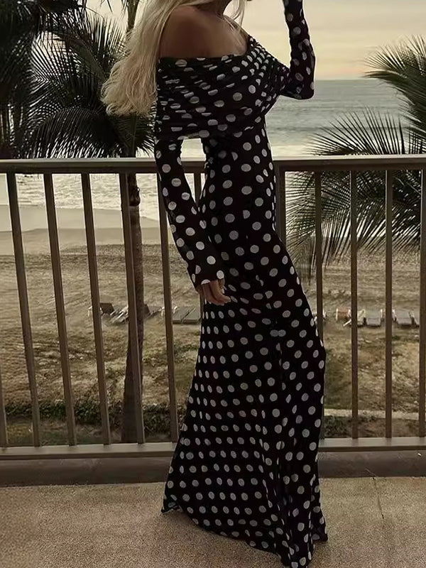 Pleated Polka-Dot Split-Joint Long Sleeves Skinny Tube Maxi Dresses