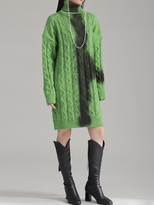 Contrast Color Long Sleeves Loose High Neck Sweater Dresses Mini Dresses