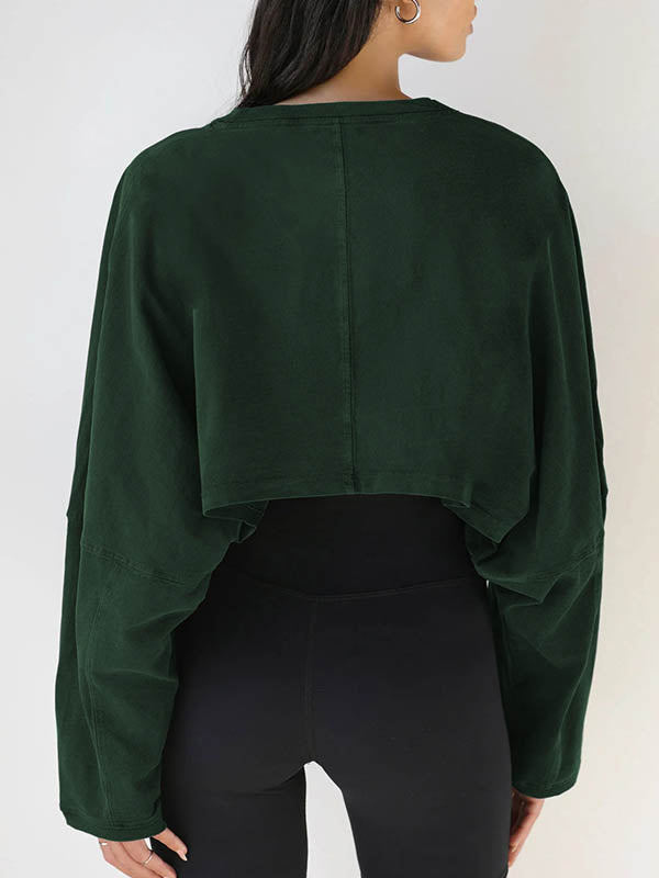 Solid Color Split-Joint Long Sleeves Loose Round-Neck Sweatshirt Tops