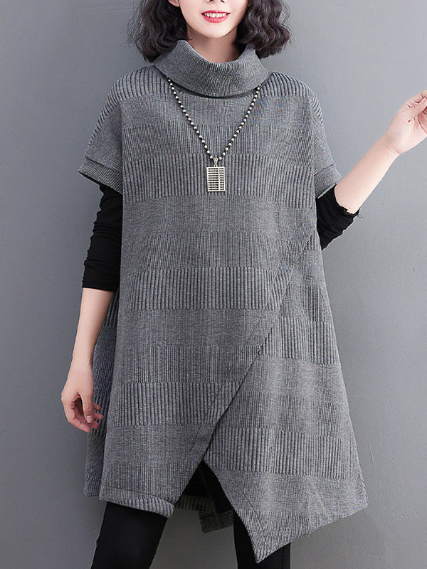 Asymmetric Solid Color Split-front Split-Joint Loose Raglan Sleeve High-neck Mini Dresses Knitwear