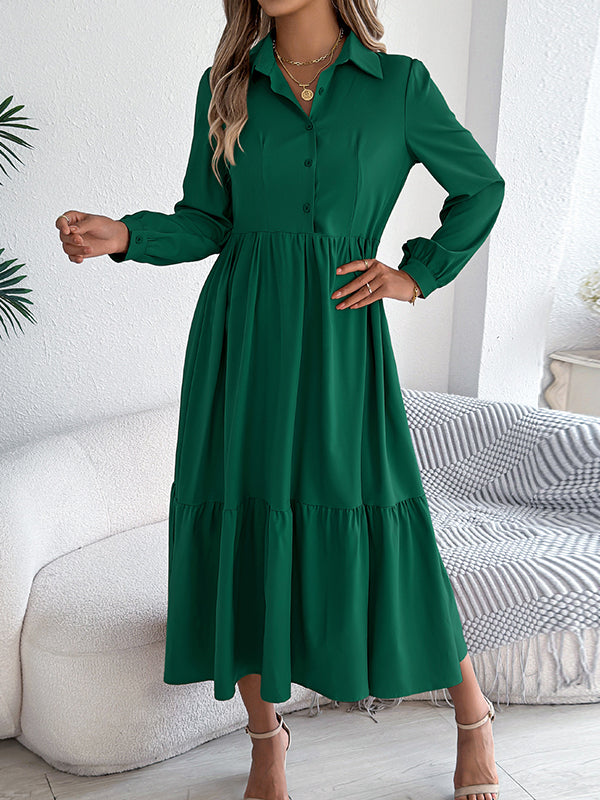 Pleated Ruffled Solid Color High Waisted Long Sleeves Lapel Shirt Dress Midi Dresses