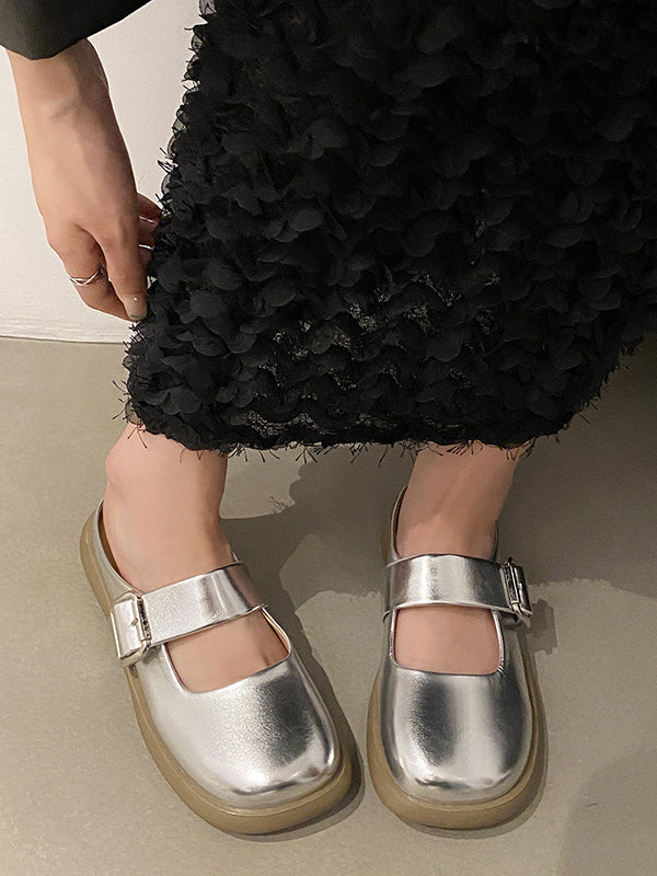 Belt Buckle Round-Toe Shallow Cut Split-Joint Slippers&Mules Platform Shoes
