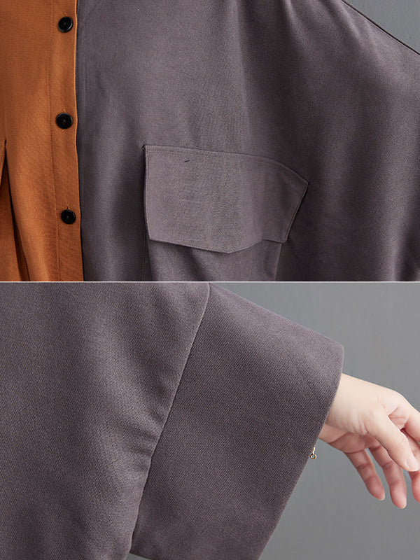 Original Creation Loose Long Sleeves Buttoned Contrast Color Lapel Collar Midi Dresses