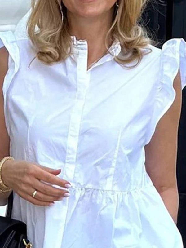 Pleated Solid Color Split-Joint Cap Ruffle Sleeve Loose Stand Collar Blouses&Shirts Tops
