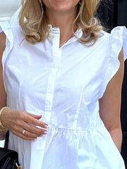 Pleated Solid Color Split-Joint Cap Ruffle Sleeve Loose Stand Collar Blouses&Shirts Tops