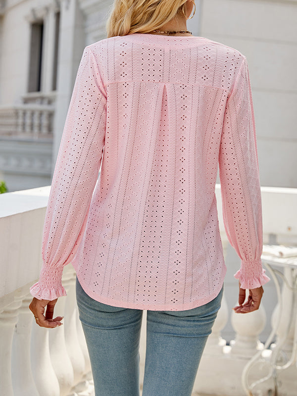 Elasticity Hollow Solid Color Long Sleeves Loose V-neck T-Shirts Tops