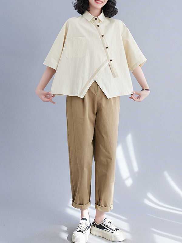 Half Sleeves Irregular clipping Lapel Blouses&shirts Tops