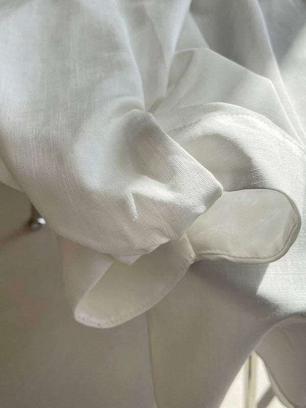 Pleated See-Through Solid Color Split-Joint High-Low Loose Round-Neck Blouses