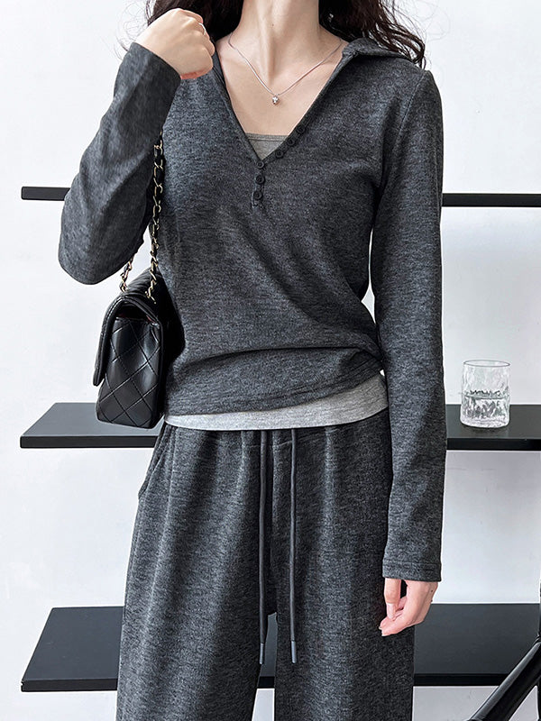 Buttoned Long Sleeves Hooded  T-Shirts Top + Vest Top + Wide Leg Drawstring Elasticity Pants Bottom Three Pieces Set