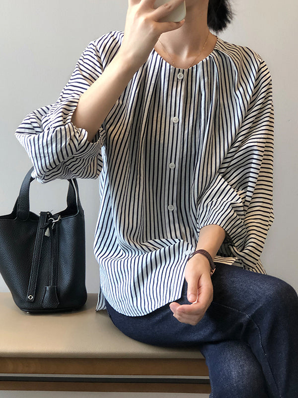 Trendy Tops Three-Quarter Sleeves Batwing Sleeves Striped Round-Neck Blouses