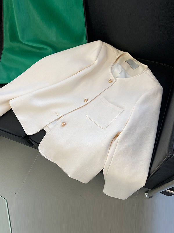 Original Creation Long Sleeves Loose Buttoned Solid Color Round-Neck Outerwear