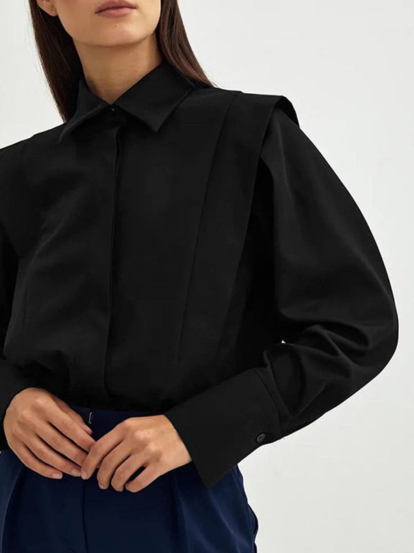 Buttoned Solid Color Long Sleeves Loose Lapel Blouses&Shirts Tops