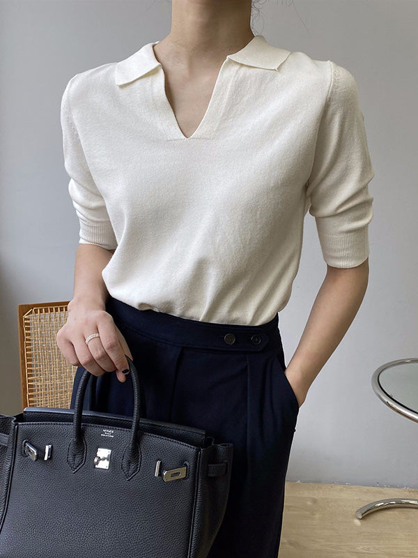 7 Colors Urban Solid Color Half Sleeves Knitting Shirt Top