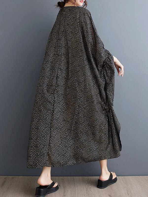 Elasticity Polka-Dot Split-Joint Batwing Sleeves Half Sleeves Round-Neck Midi Dresses
