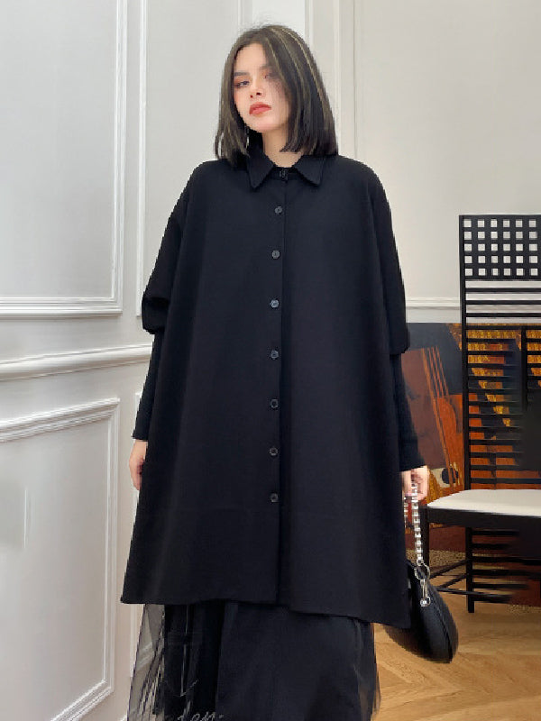 Simple Loose Batwing Sleeves Split-Joint Solid Color Lapel Blouses