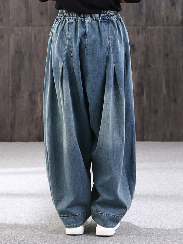 Leisure Solid Denim Puff Pants Bottoms