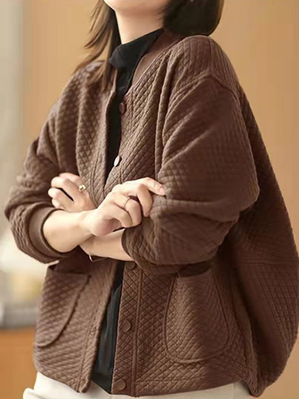 Artistic Retro Loose Long Sleeves Buttoned Solid Color Stand Collar Outerwear