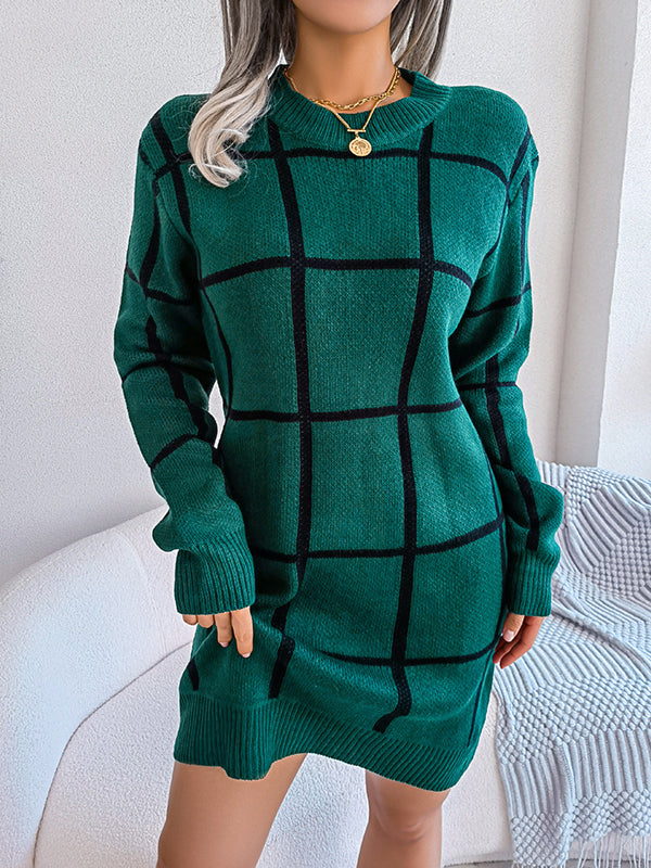 Belted Contrast Color Plaid Elasticated Waist Long Sleeves Round-Neck Sweater Dresses Mini Dresses